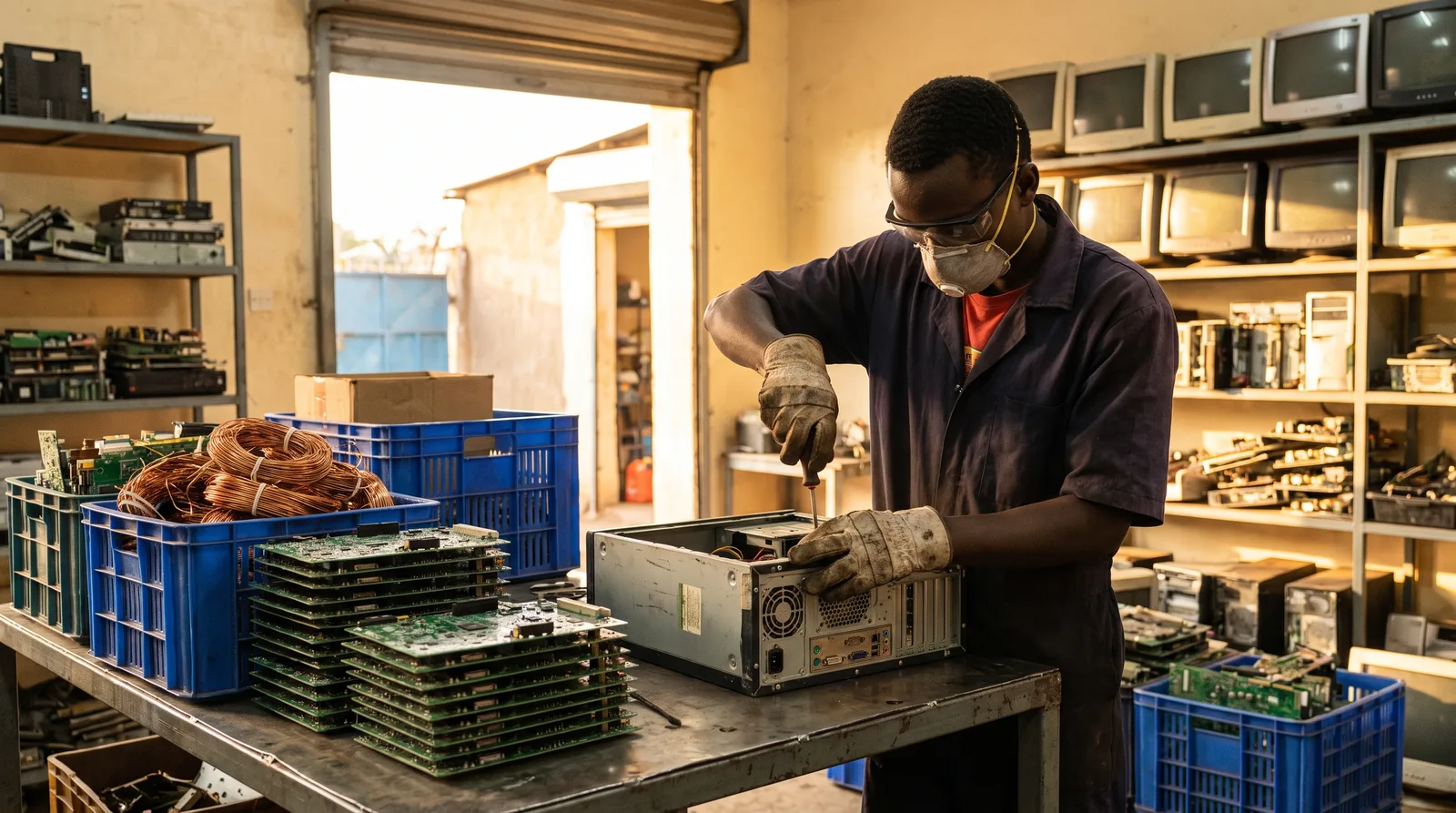 Sorted circuit boards at an electronics recycling facility
