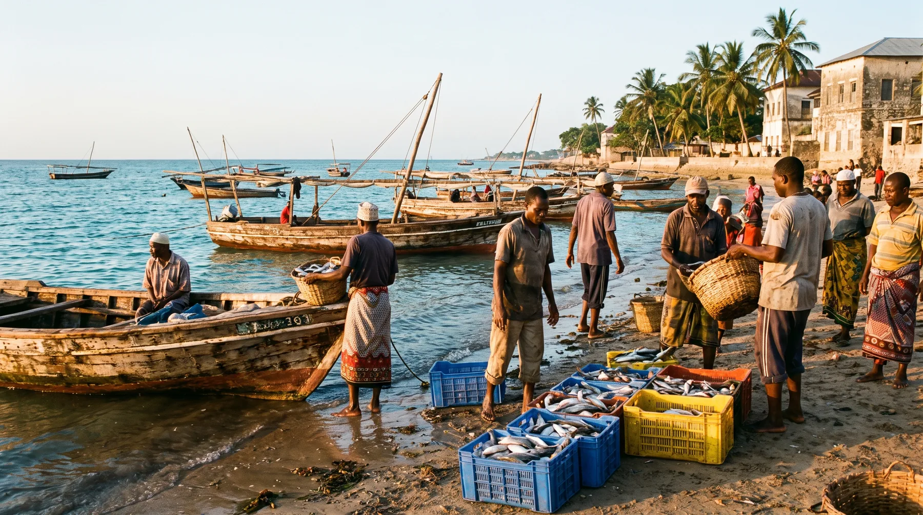 Fishing boats landing the morning catch on the East African coast