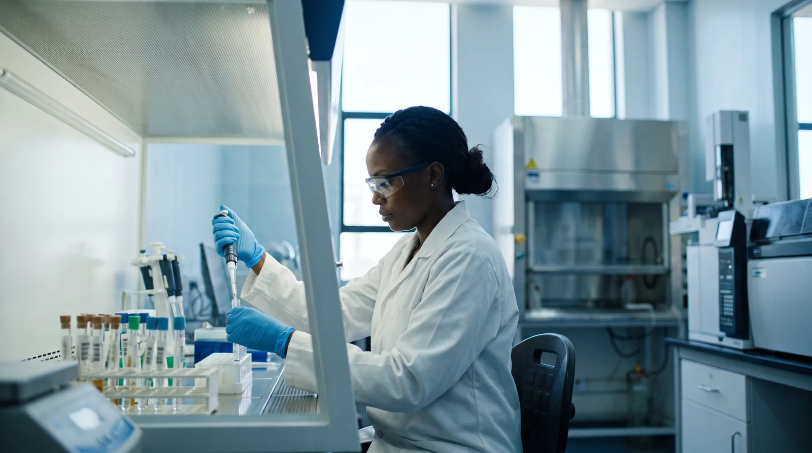 Laboratory technician pipetting samples at a food-safety bench