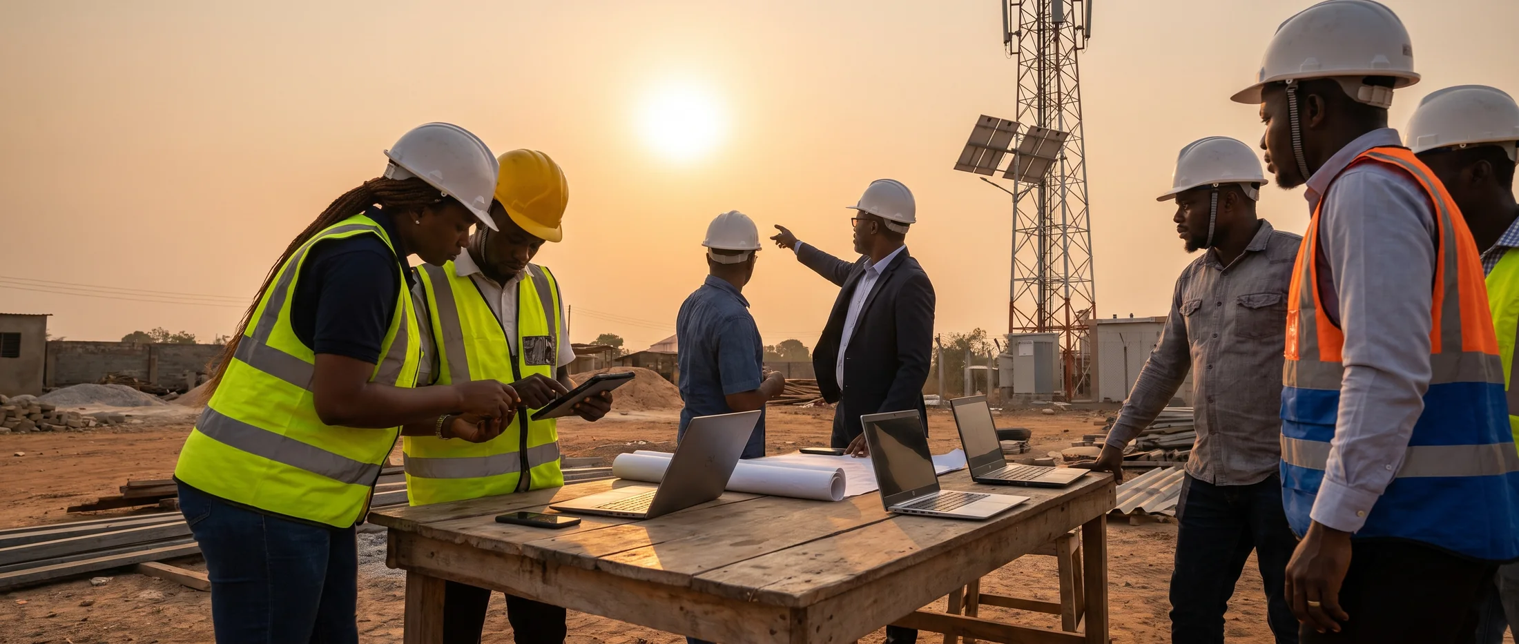 Engineers and consultants reviewing plans at an active site at golden hour