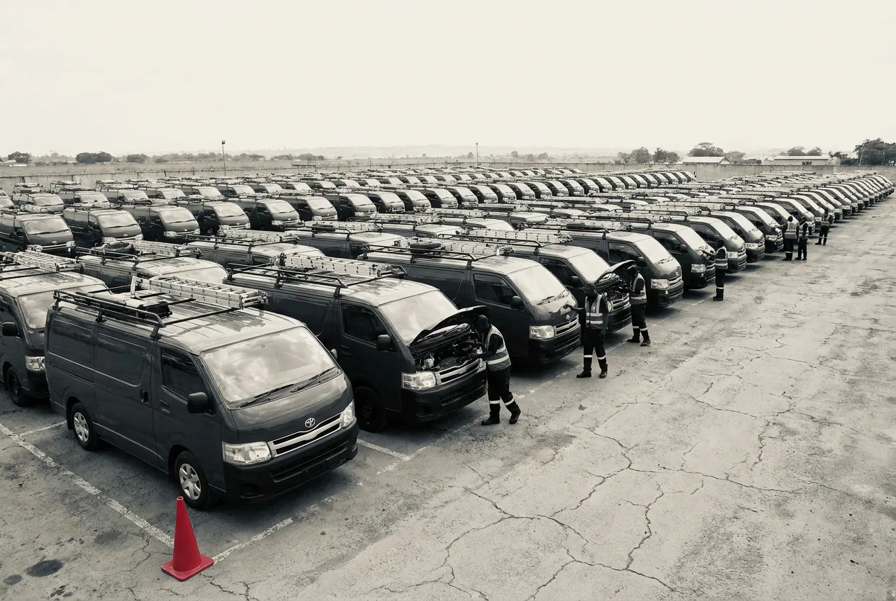 Fleet of service vehicles staged in a depot yard