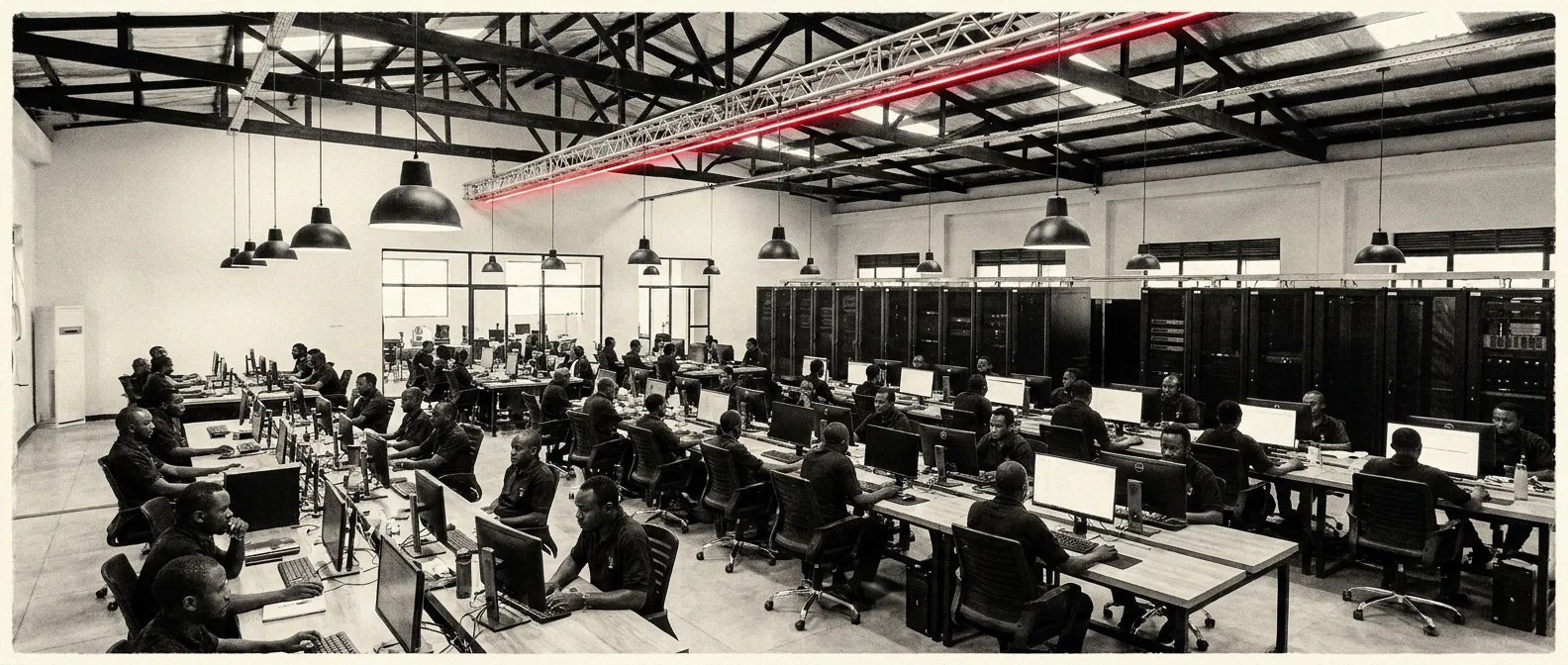 Wide operations floor with engineers at rows of workstations