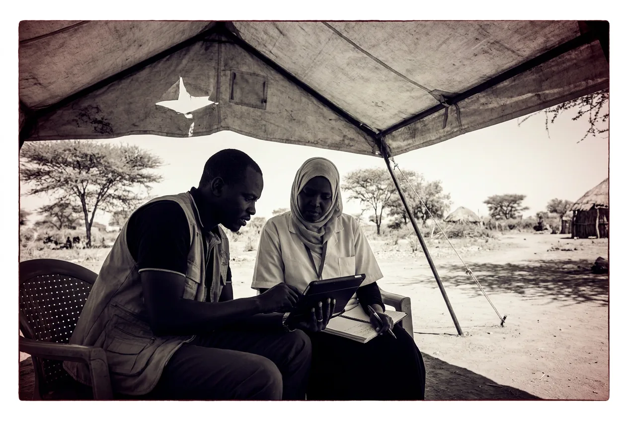 Health workers recording data on a tablet at a field programme