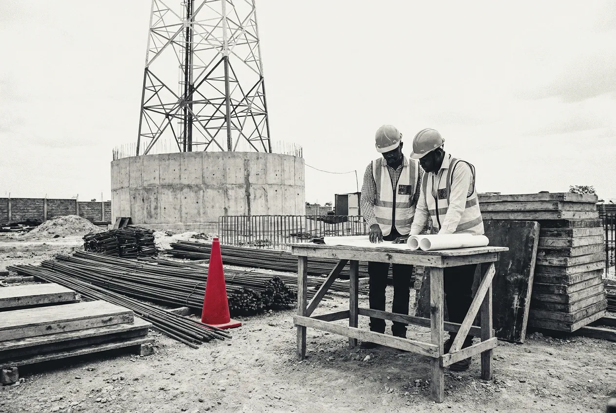 Engineers in hard hats reviewing drawings at a construction site
