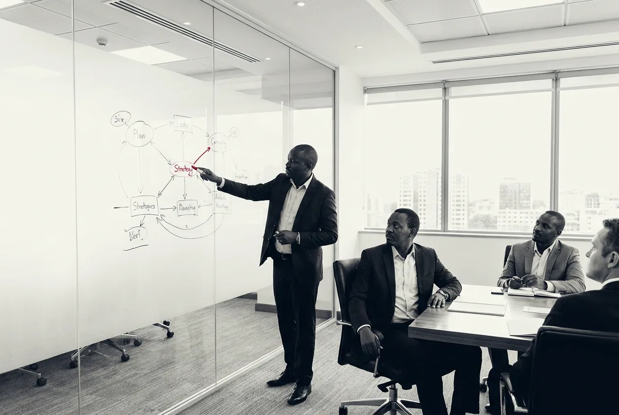 Consultant presenting a strategy diagram to executives in a boardroom