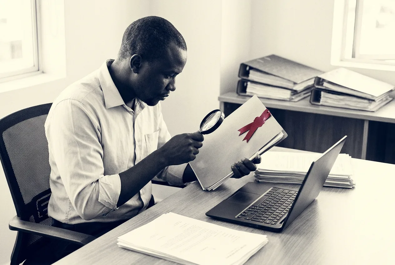 Officer reviewing sealed records beside a laptop in a tidy office