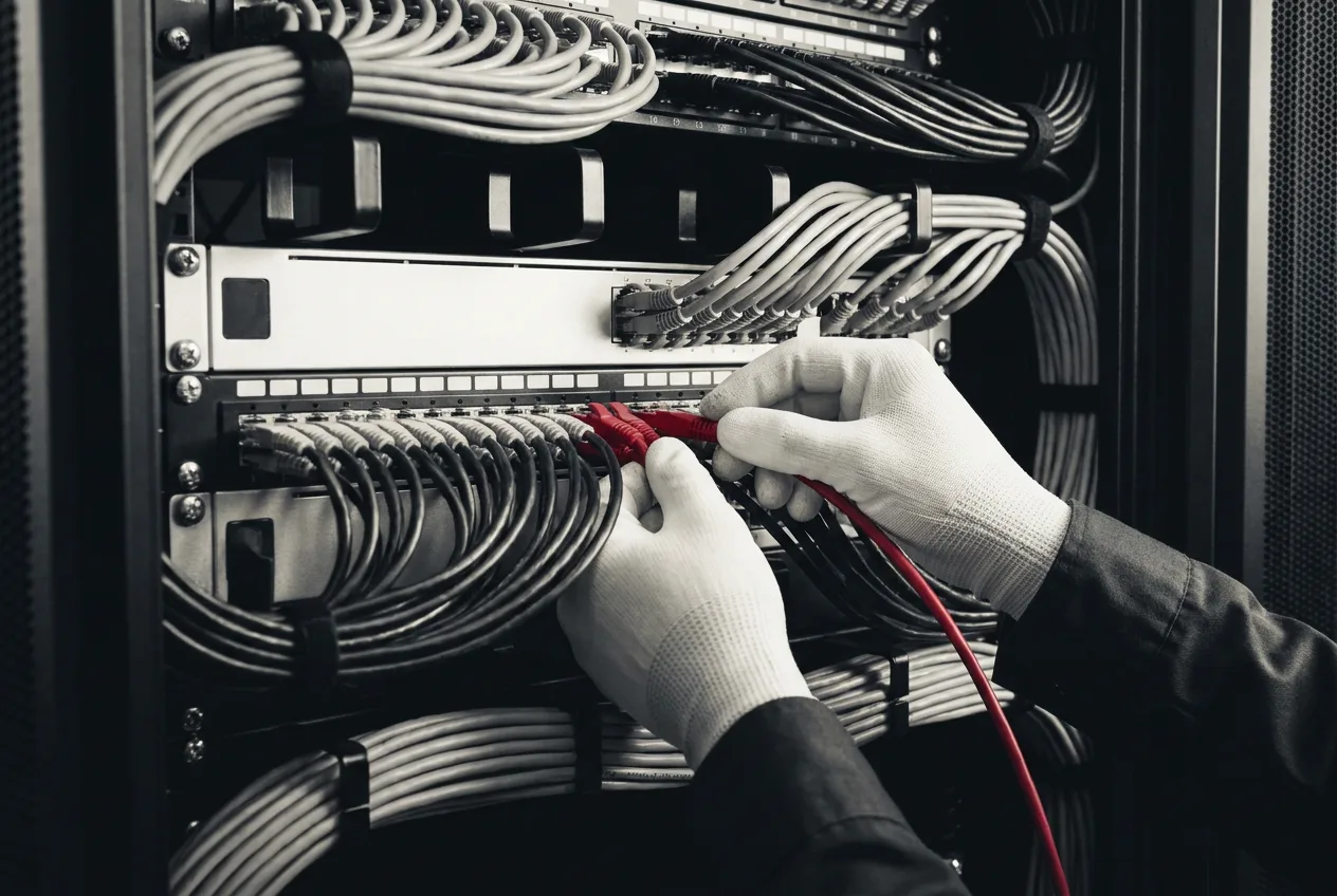 Technician terminating structured cabling into a patch panel in a data centre