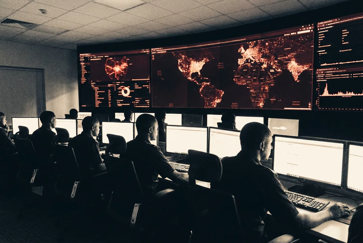 Analysts at a security operations centre monitoring a wall of screens