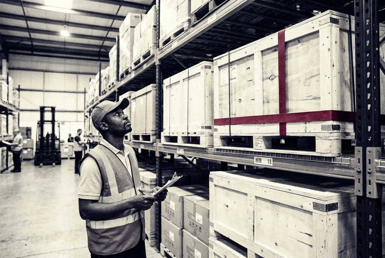 Supply officer checking sealed equipment crates in a warehouse
