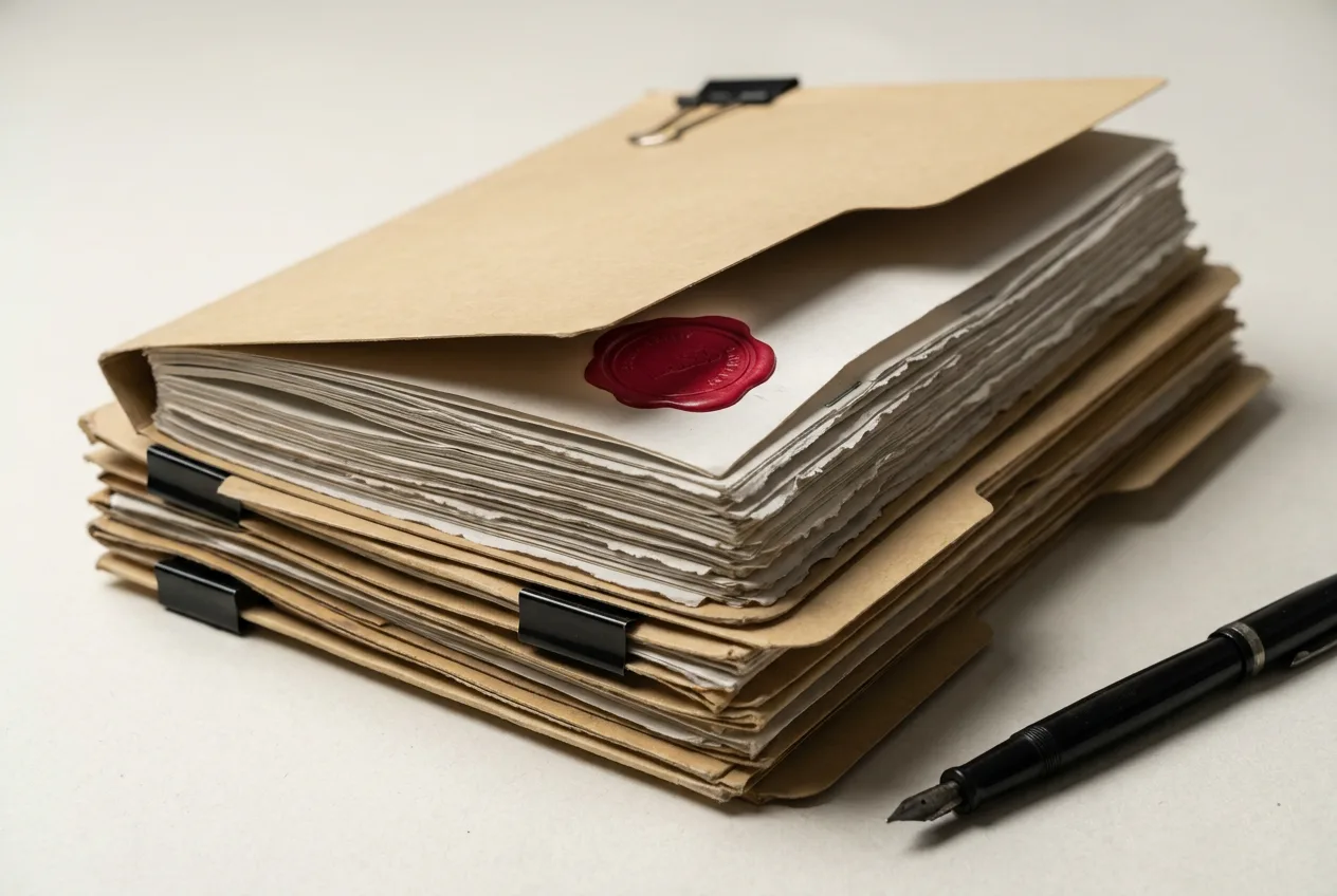 Sealed tender documents with a crimson stamp imprint on archival paper